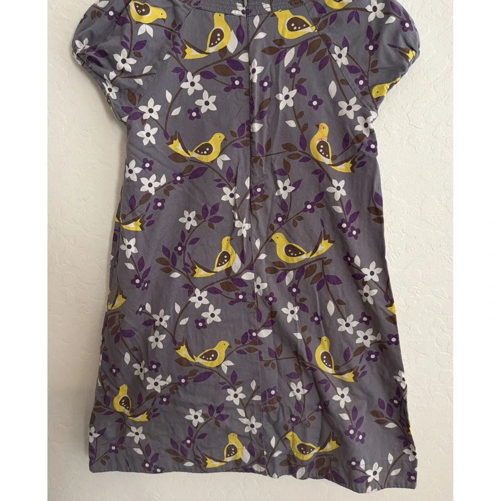Mini Boden Lined Gray 10-12 Dress Short Sleeve Floral Yellow Birds‎ Play School